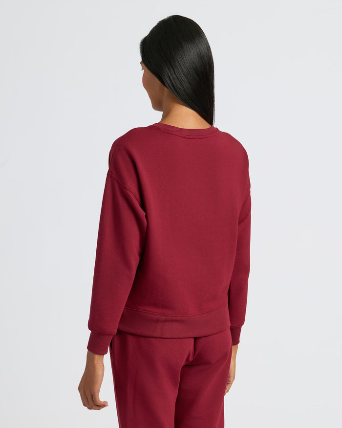 Back view of Womens Dark Maroon Slouch Pullover Crew & Relaxed Jogger.