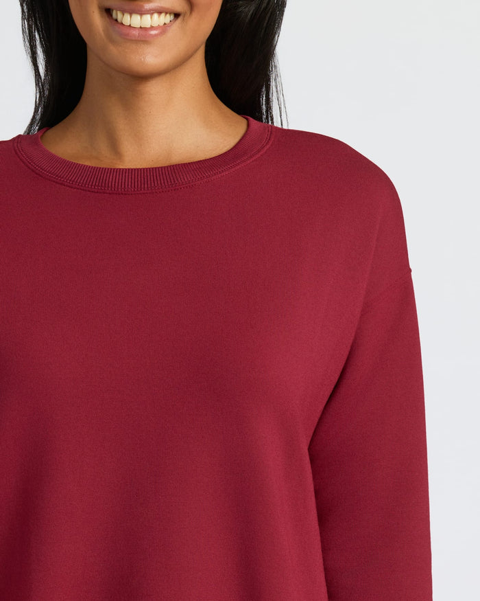 Womens Dark Maroon Slouch Pullover Crew shown on model's upper body.