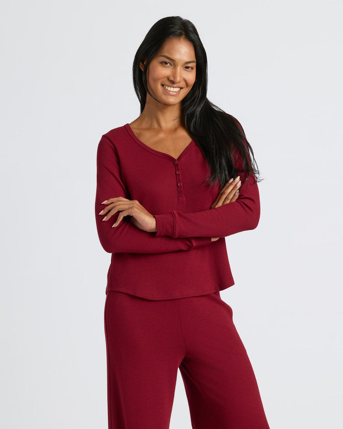 Womens Dark Maroon Waffle Long Sleeve Boxy Henley lounge set, relaxed fit.