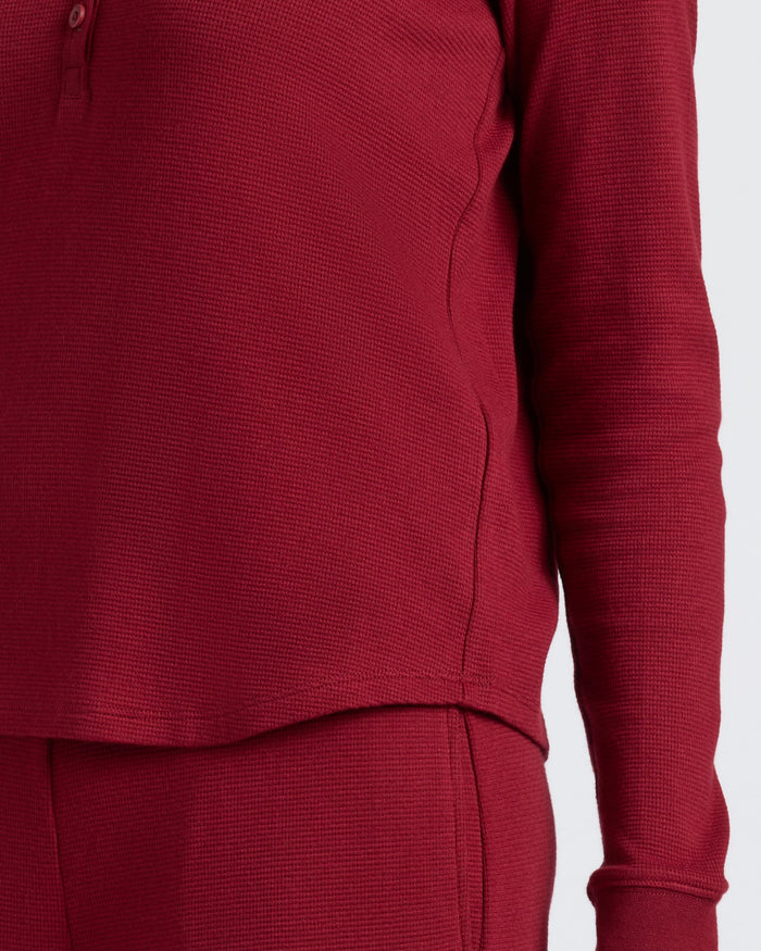 Womens Dark Maroon Waffle Long Sleeve Boxy Henley with textured pants.