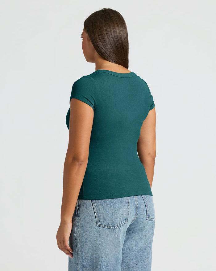 Womens Deep Emerald Ribbed U-Neck Tee shown from the back.
