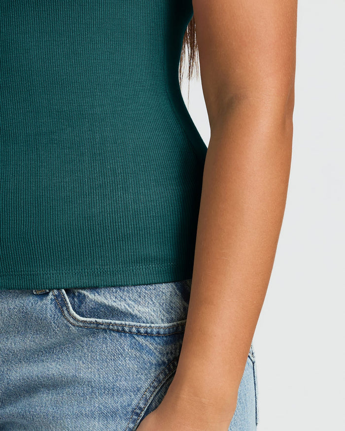 Womens Deep Emerald Ribbed U-Neck Tee shown with jeans.