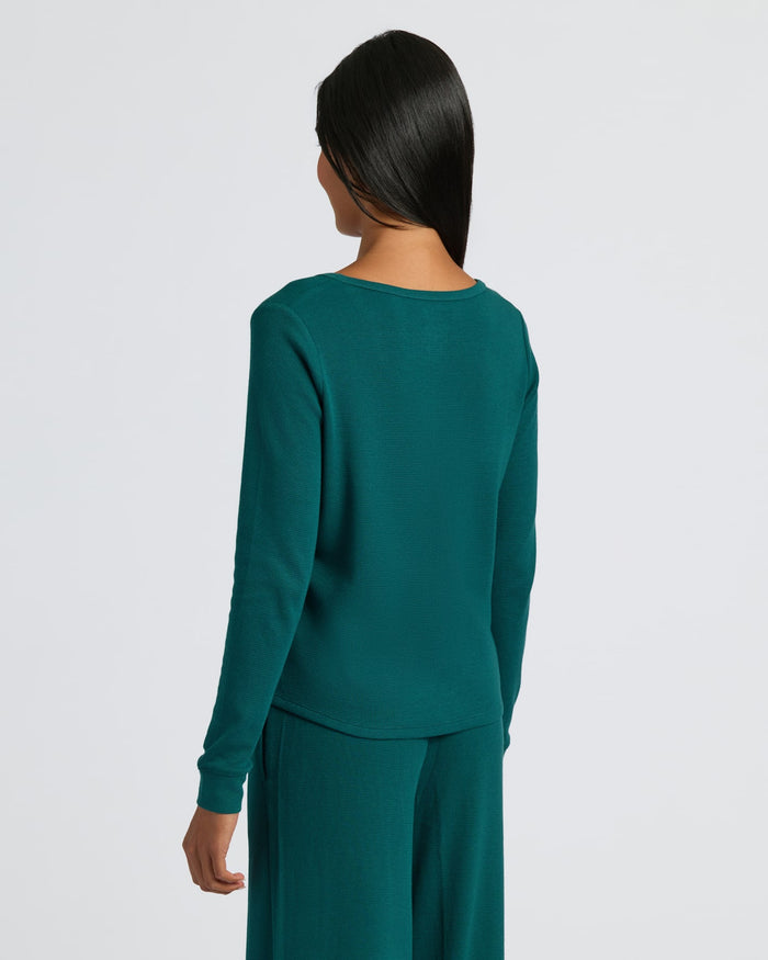 Woman wearing Womens Deep Emerald Waffle Long Sleeve Henley & Waffle Leg Pant.