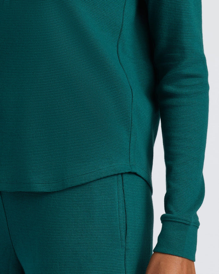 Womens Deep Emerald Waffle Long Sleeve Boxy Henley, featuring textured, relaxed fit.