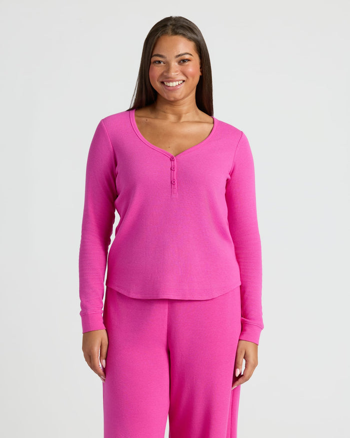 Woman in Women's Electric Fuchsia Waffle Long Sleeve Henley & Waffle Leg Pant. MODEL_INFO: Jade is 5'9", wearing a size L