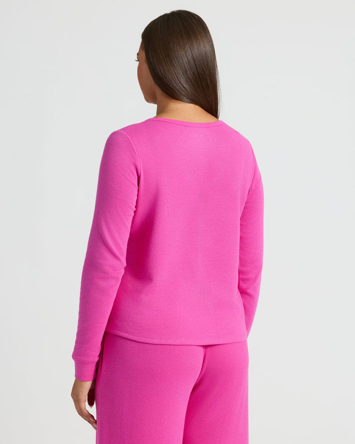 Back view of model in Womens Electric Fuchsia Waffle Long Sleeve Henley & Waffle Leg Pant.