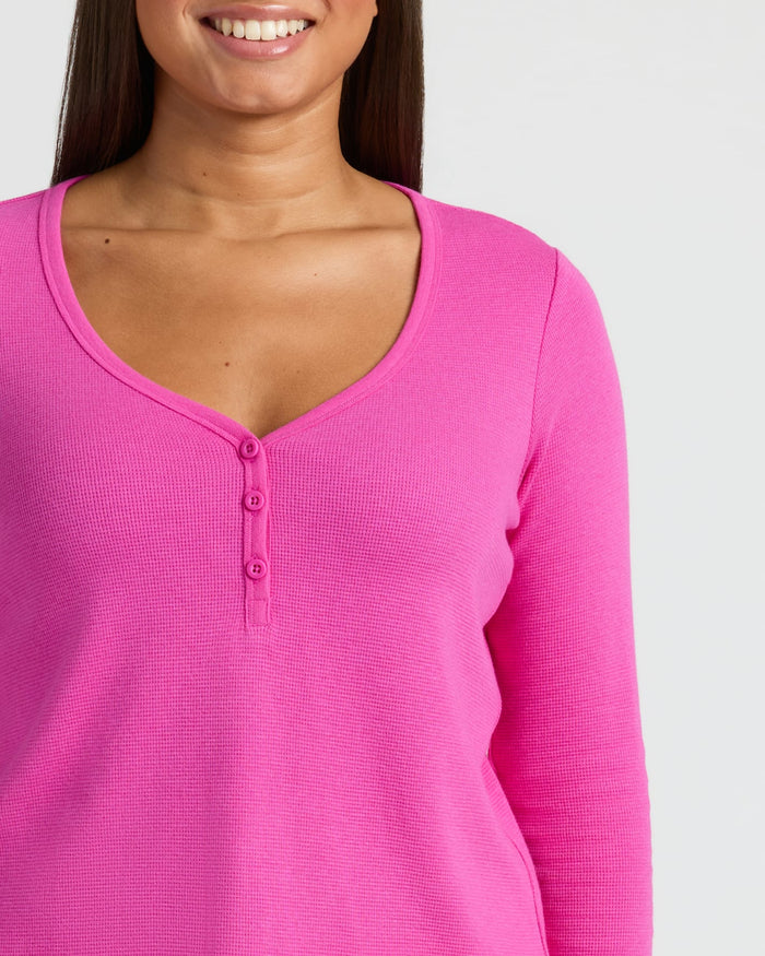 Womens Electric Fuchsia Waffle Long Sleeve Henley upper torso view.