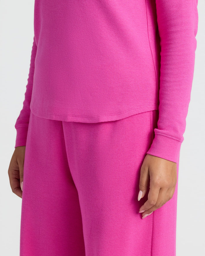 Womens Electric Fuchsia Waffle Long Sleeve Boxy Henley, cozy and stretchy.