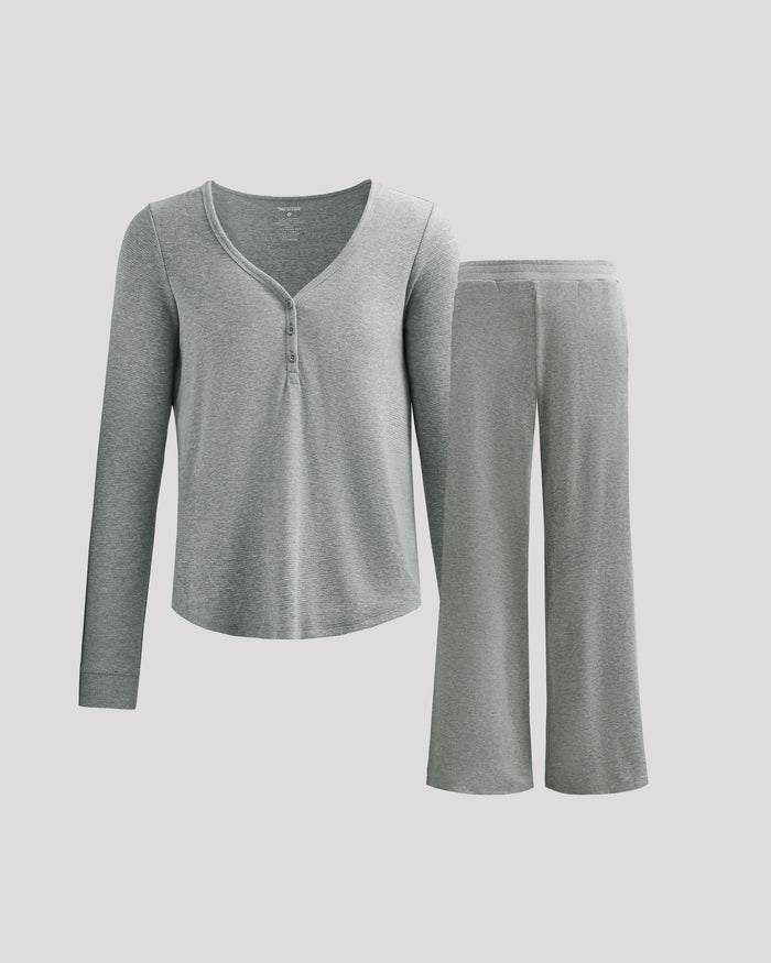 Womens Heather Gray Waffle Long Sleeve Henley & Waffle Leg Pant.