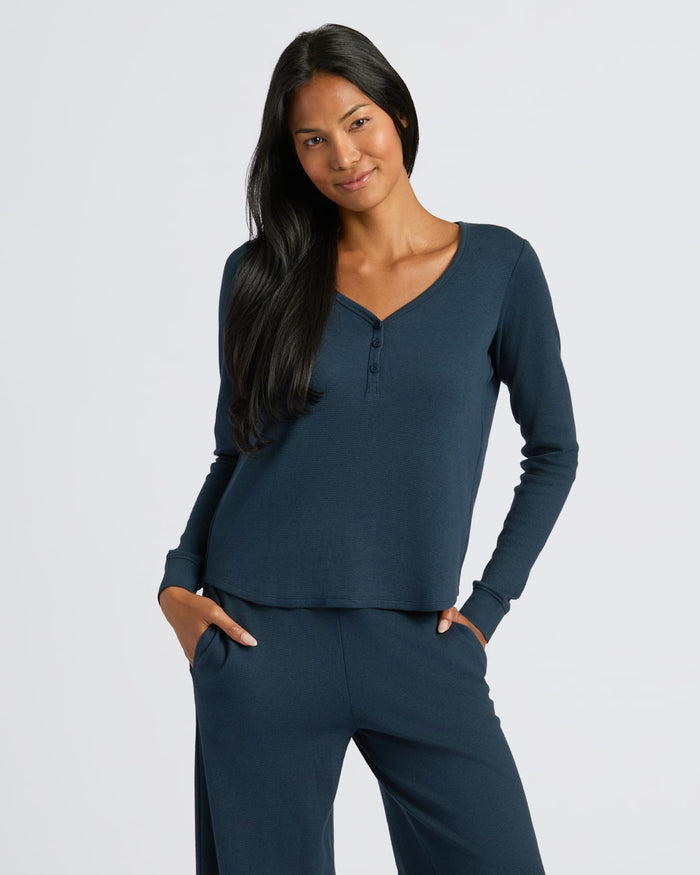 Womens Navy Waffle Long Sleeve Boxy Henley with lounge pants, pockets. MODEL_INFO: Candy is 5'9", wearing a size S