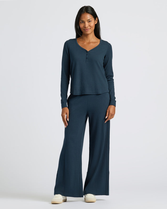 Womens Navy Waffle Long Sleeve Boxy Henley with wide-leg pants.