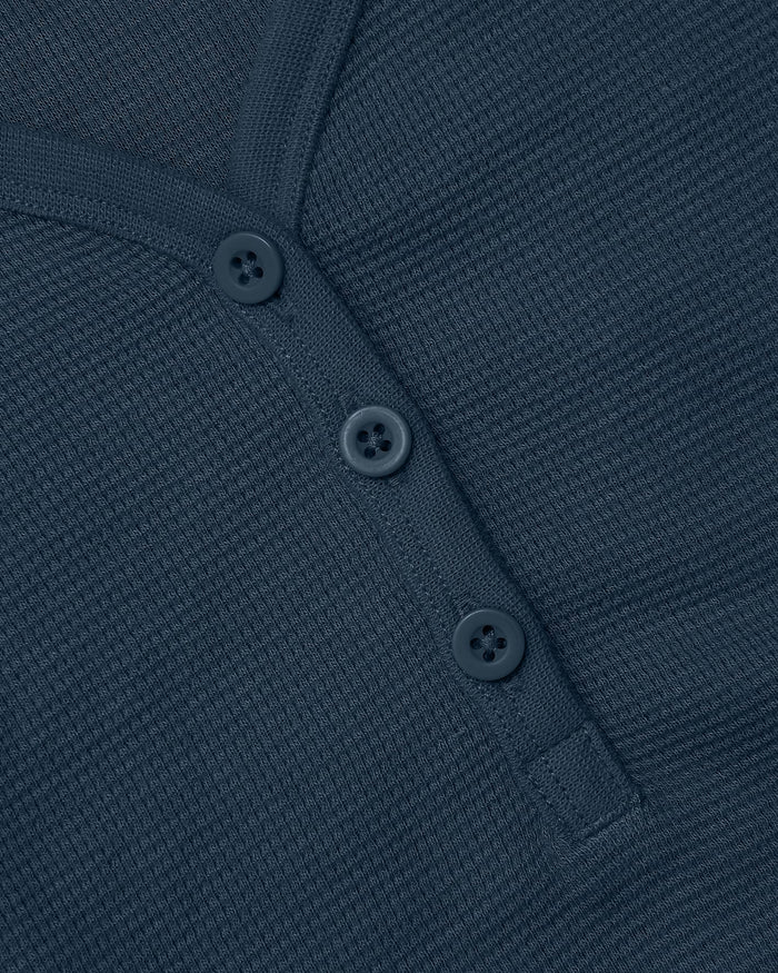 Womens Navy Waffle Long Sleeve Boxy Henley with three-button placket.