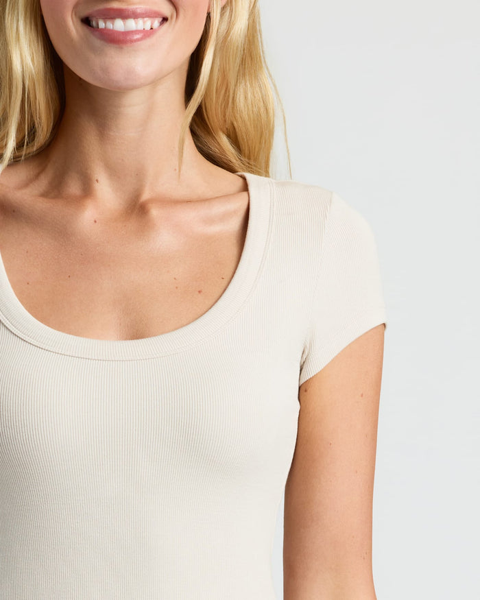 Womens Oatmeal Ribbed U-Neck Tee 3-Pack on model's torso.