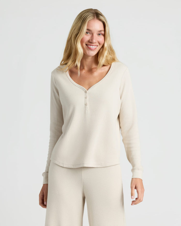 Womens Oatmeal Waffle Long Sleeve Henley & Waffle Leg Pant modeled. MODEL_INFO: Cora is 5'10", wearing a size S