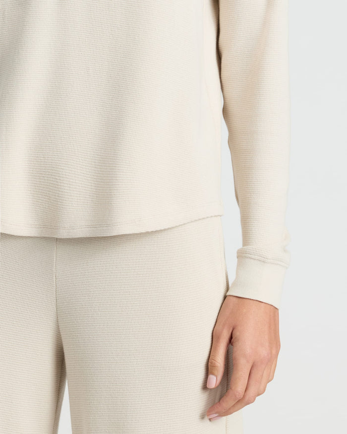 Womens Oatmeal Waffle Long Sleeve Henley & Waffle Leg Pant 2-Pack worn.