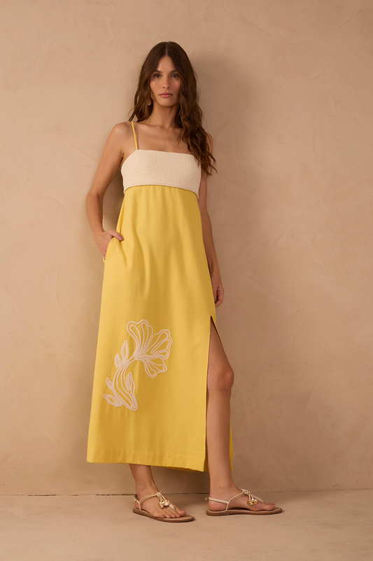 Yellow Embroidered Smocked Midi Dress_1