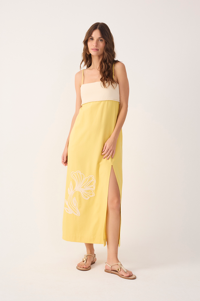 Yellow Embroidered Smocked Midi Dress_2
