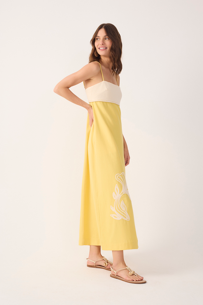 Yellow Embroidered Smocked Midi Dress_3