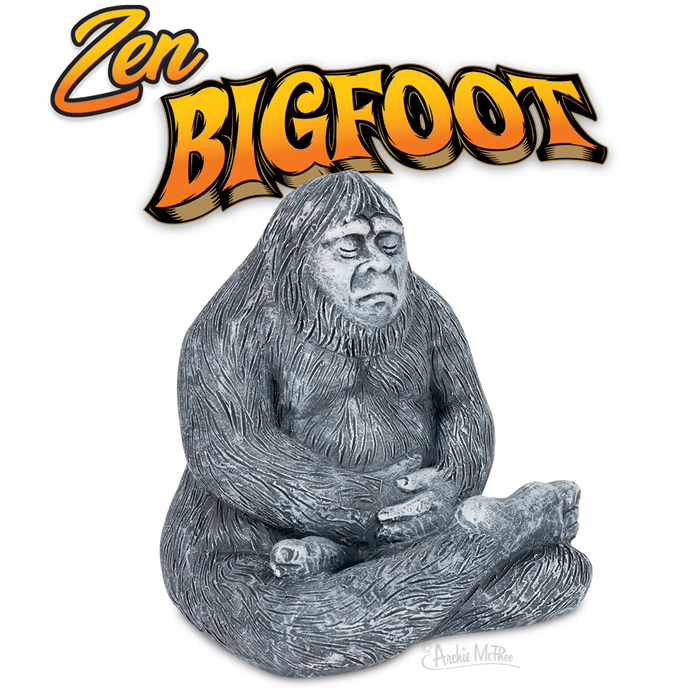 The Zen Bigfoot polystone sculpture, depicting Bigfoot in a meditative pose, serves as a peaceful garden statue with the name "Zen Bigfoot" subtly inscribed above.