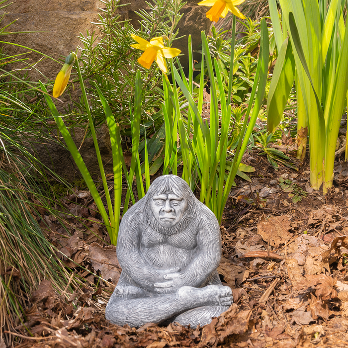 Create a serene atmosphere with the Zen Bigfoot stone sculpture, artfully placed among blooming daffodils and dry leaves, adding a unique charm to your garden. This distinctive statue enhances any outdoor space with its captivating presence.